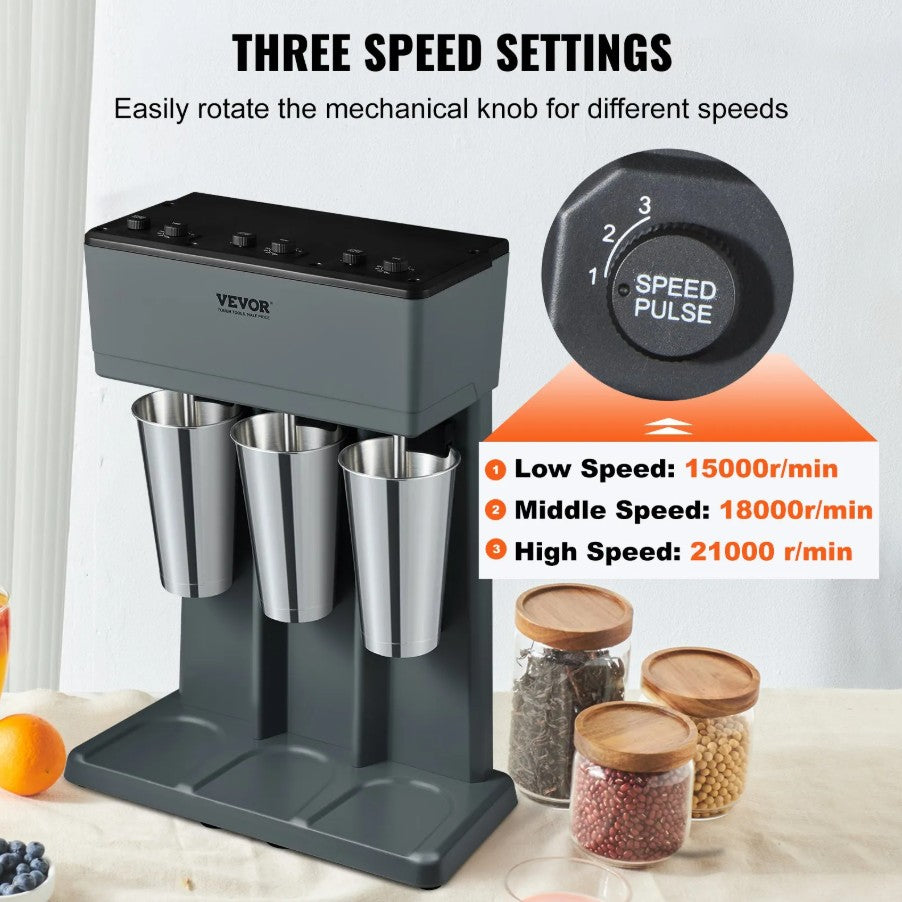Vevor Triple Head Milkshake Maker 375W with 3-Speed Control and Stainless Steel Cups New