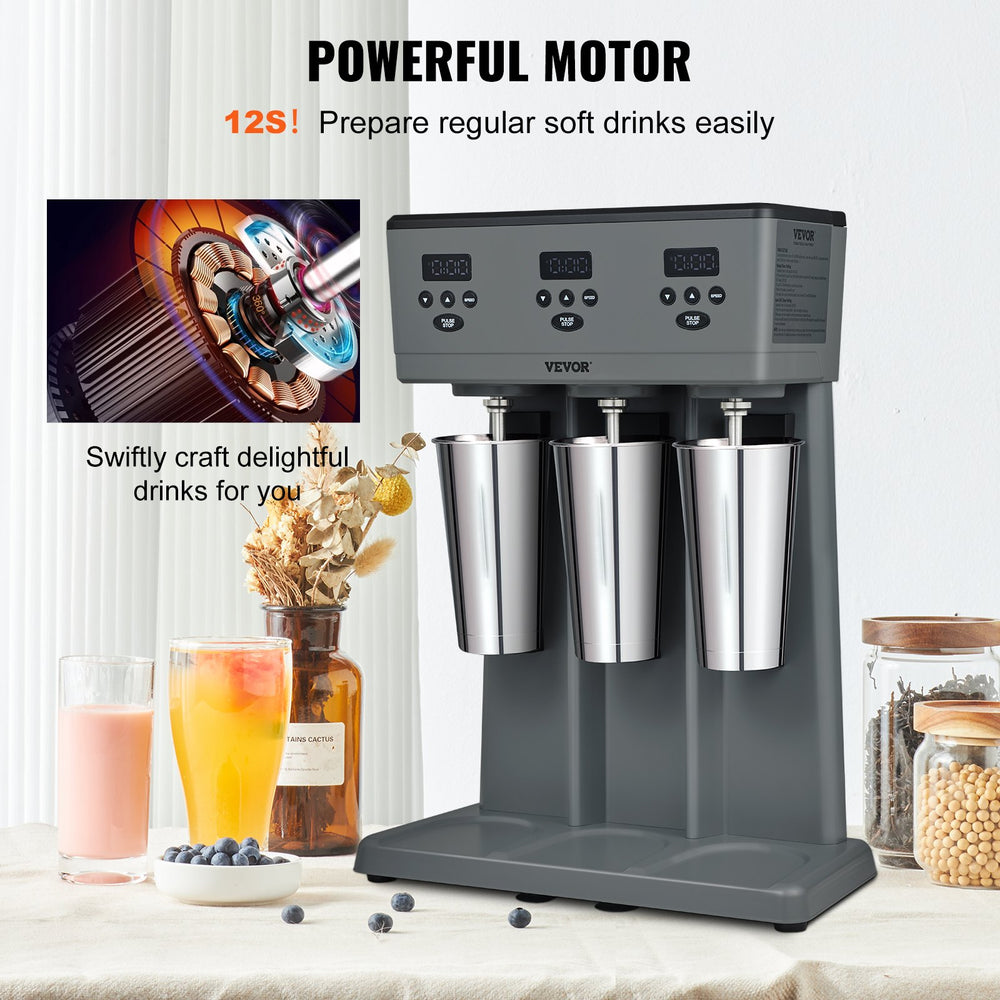 Vevor Milkshake Maker 375W Commercial Triple Head Drink Mixer with 3-Speed and 3 Stainless Steel Cups New