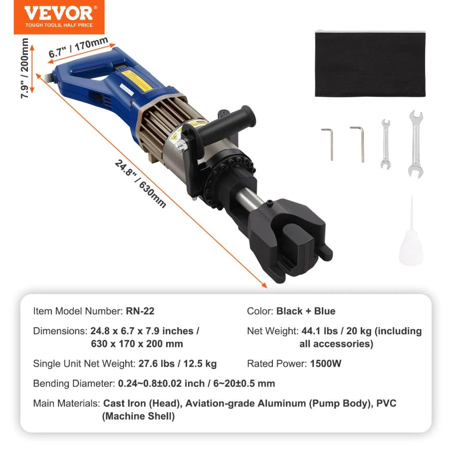Vevor Electric Hydraulic Rebar Bender 1500W 0–90° 3/4" Capacity with Toolbox New