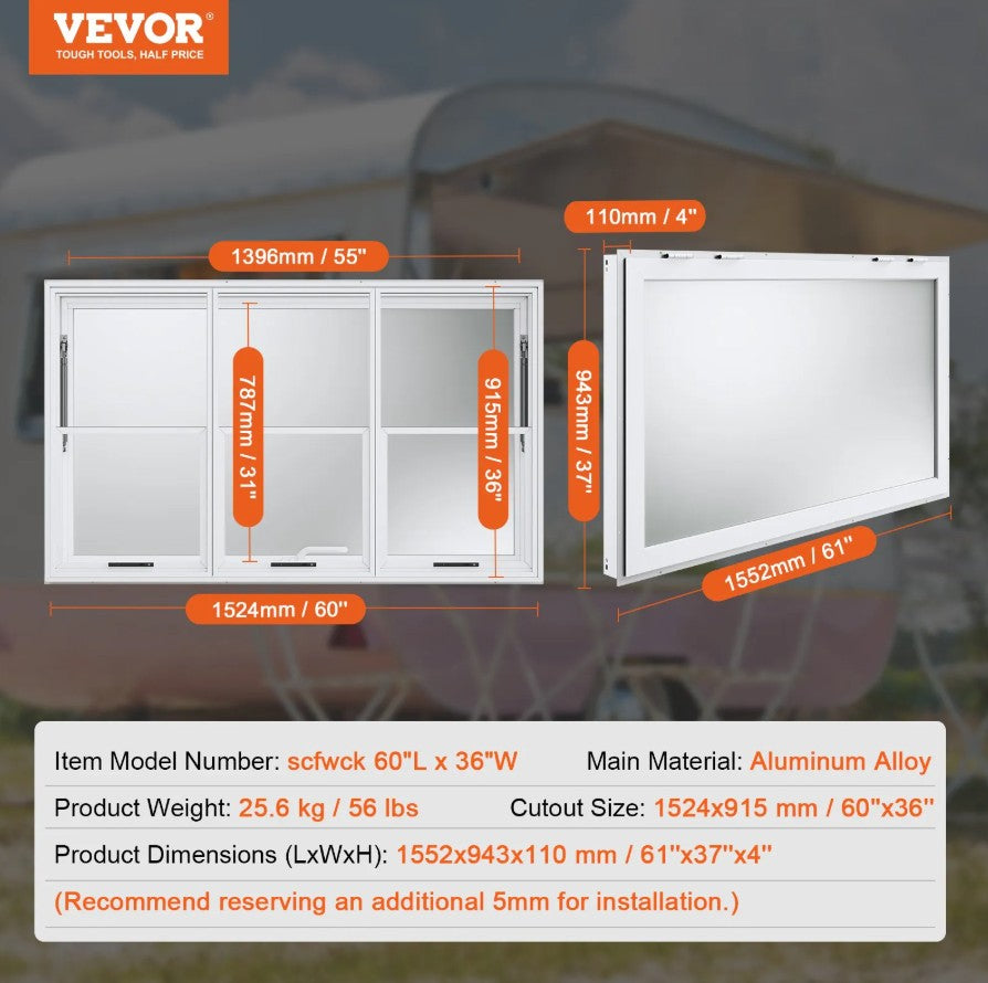 Vevor Concession Window 60"x36" Aluminum with Vertical Lift and Awning New