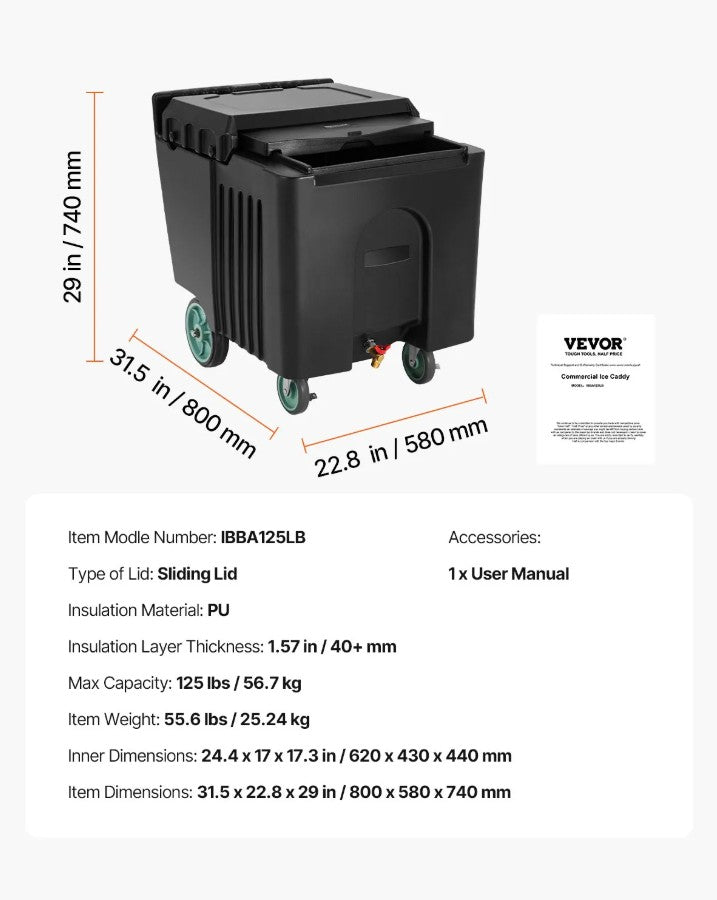Vevor Commercial Ice Bin 125 Lbs Capacity Portable Ice Caddy with Wheels New