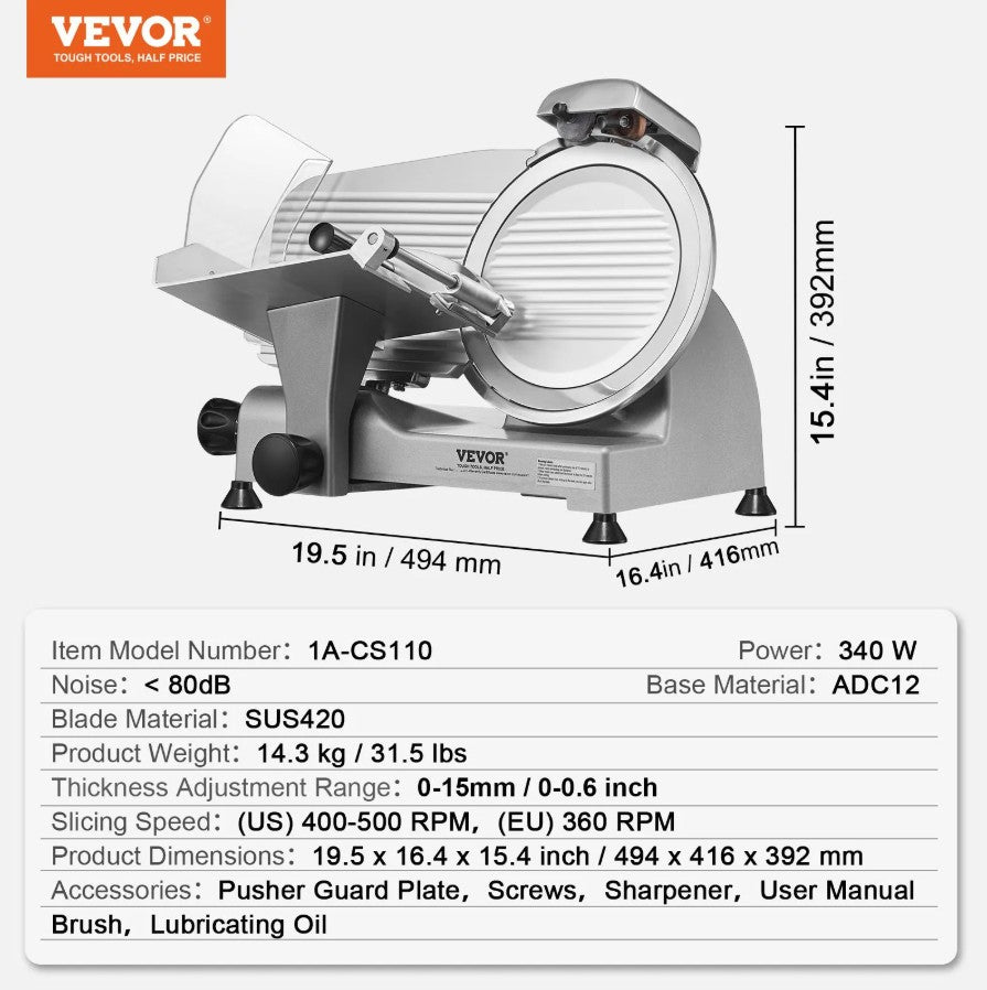 Vevor Electric Meat Slicer 10" 340W Adjustable Thickness and Built-In Sharpener New