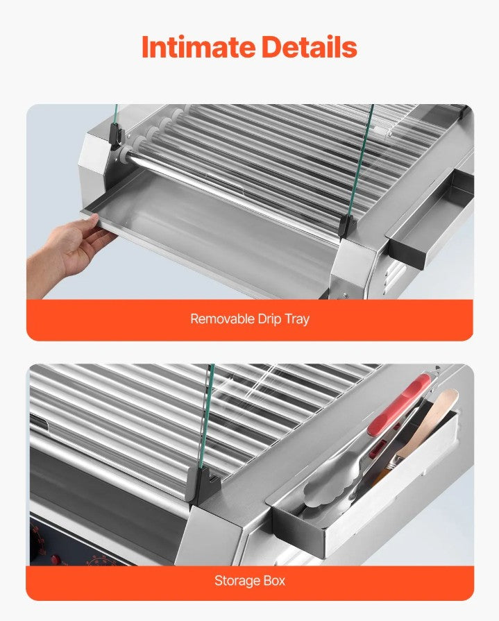 Vevor Commercial Grill Machine 11-Roller with Cover 30 Hot Dog 1600W New