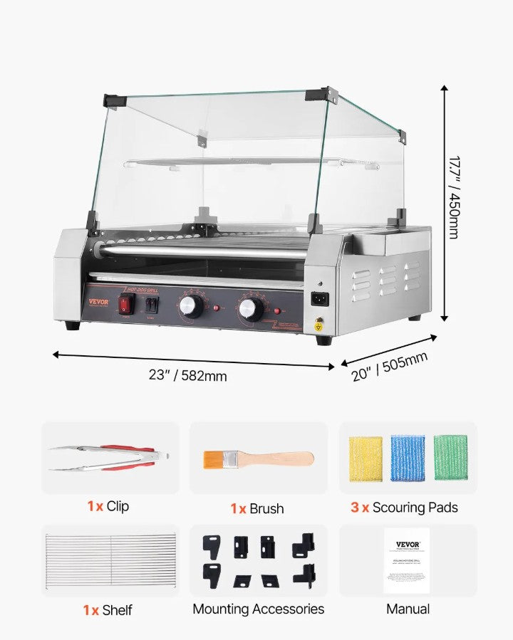 Vevor Commercial Grill Machine 11-Roller with Cover 30 Hot Dog 1600W New