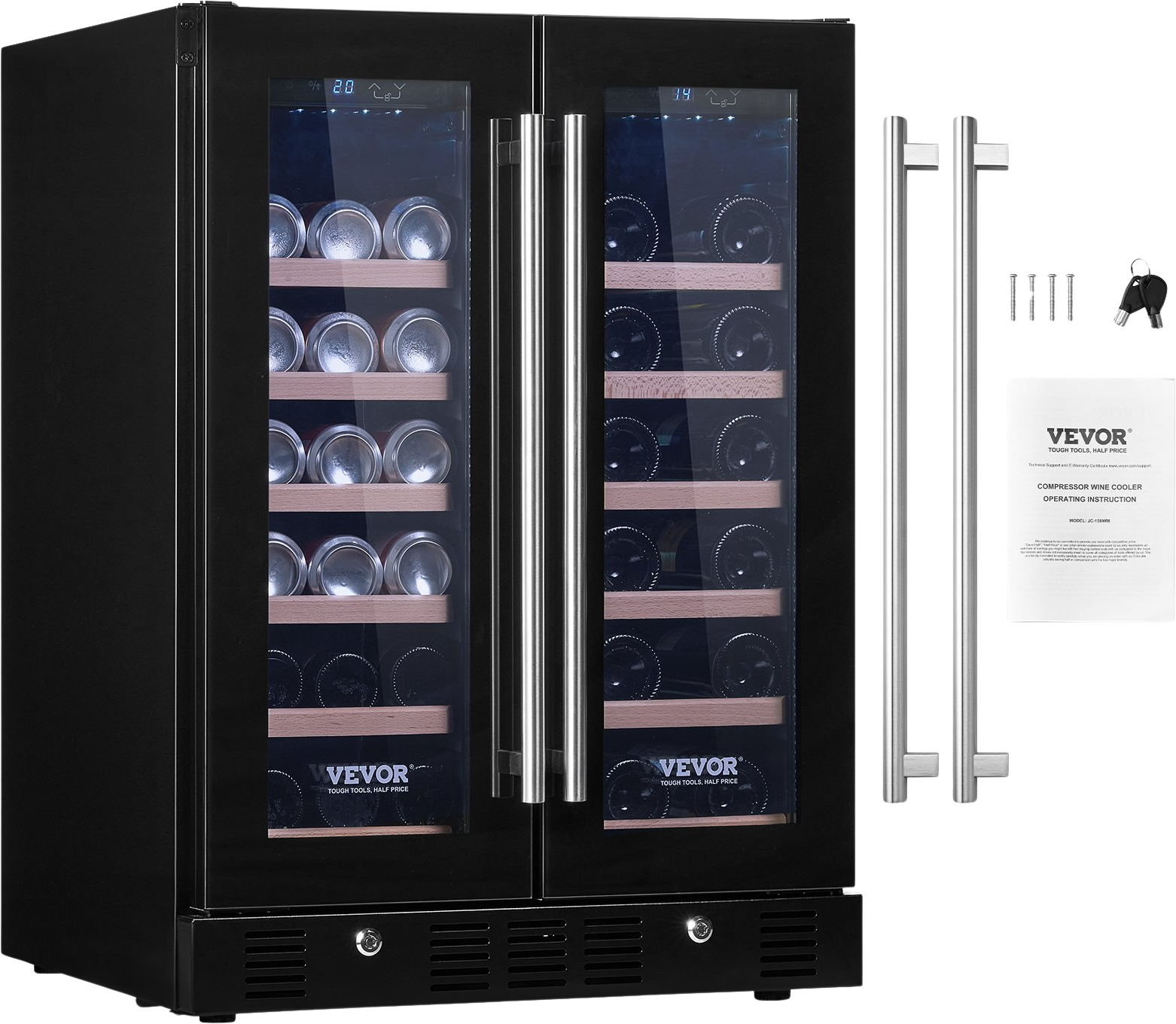 Vevor Wine Refrigerator 3.95 Cu. Ft. Dual Zone 110V with Glass Doors 78 Cans or 20 Bottles Built-In or Freestanding New