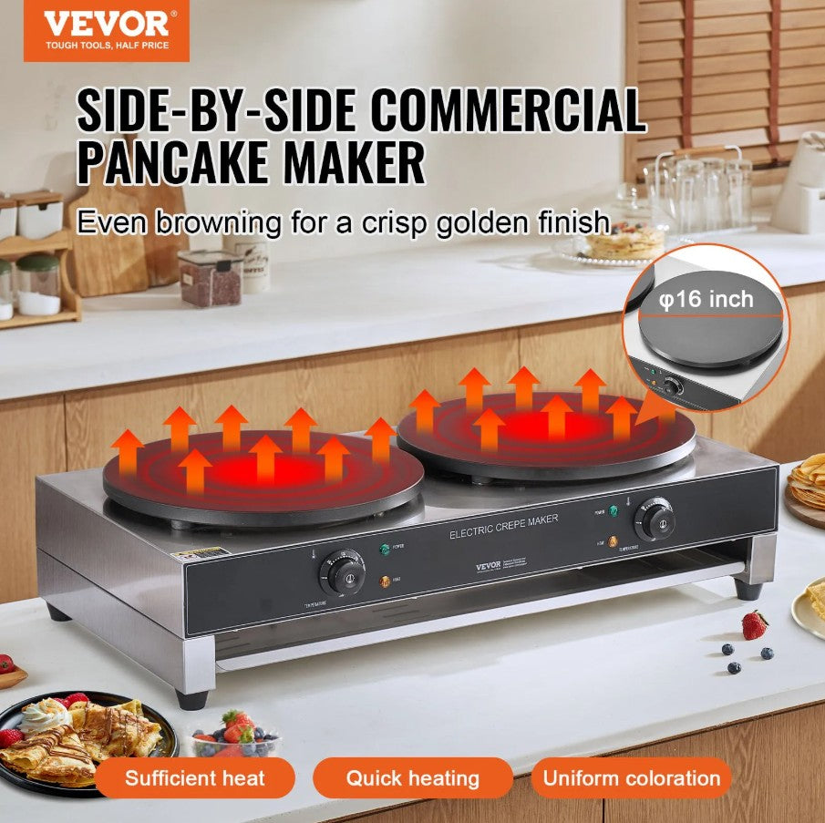 Vevor Commercial Electric Crepe Maker 16" Double Head 3400W New