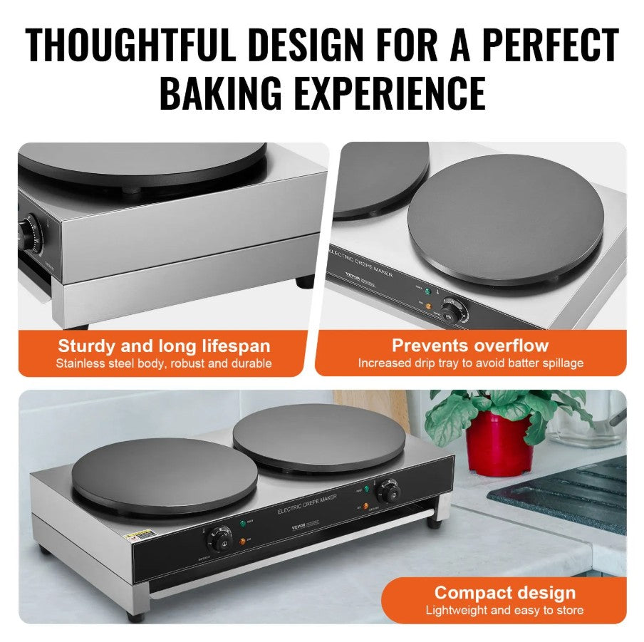 Vevor Commercial Electric Crepe Maker 16" Double Head 3400W New