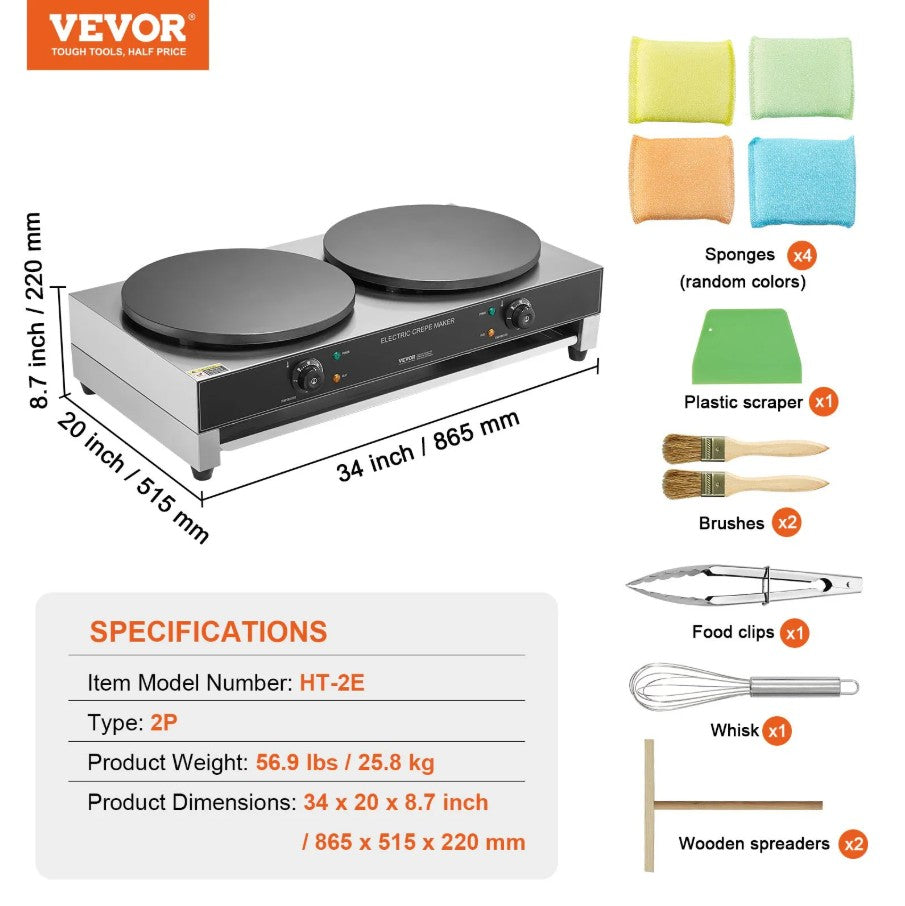 Vevor Commercial Electric Crepe Maker 16" Double Head 3400W New