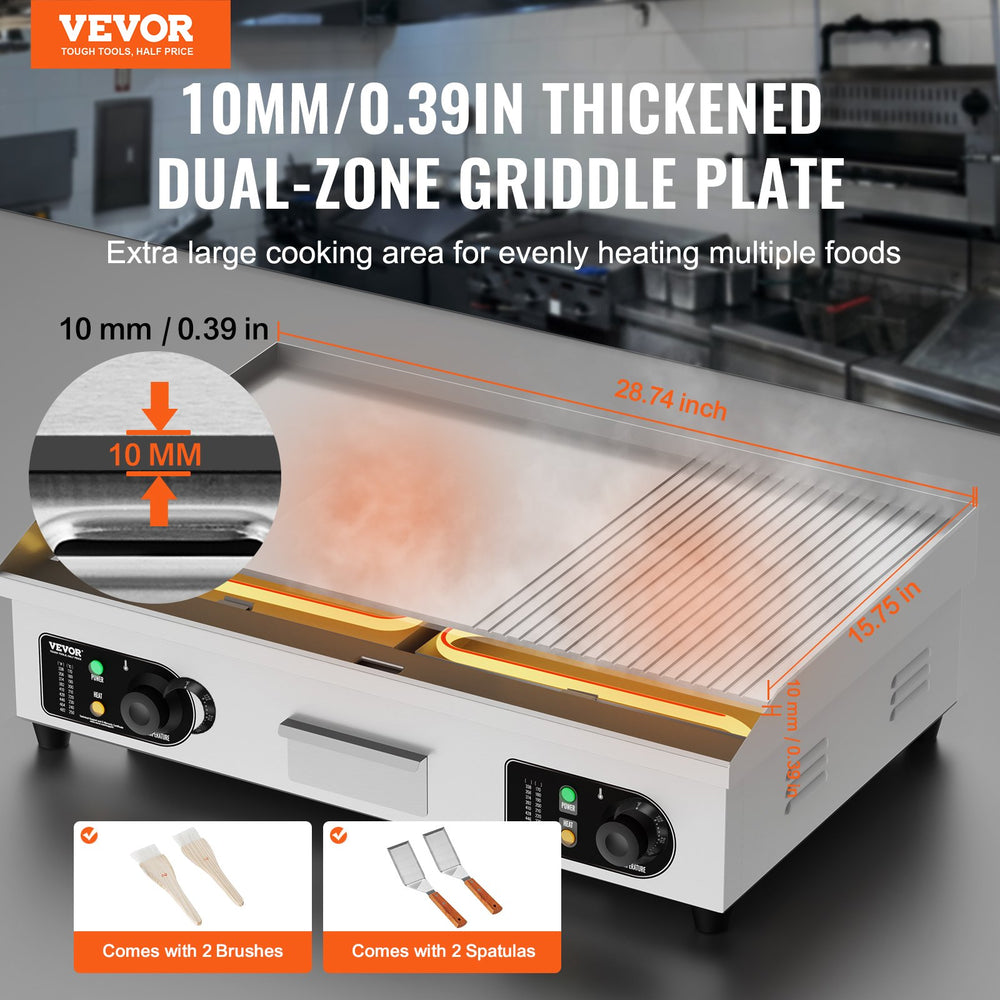 Vevor Commercial Electric Griddle 28.7" x 15.7" 2800W Countertop Half-Flat Top Grill 122-572°F Stainless Steel New