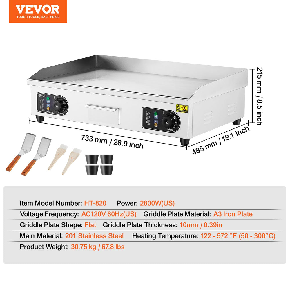 Vevor Commercial Electric Griddle 28.7" x 15.7" 2800W Countertop Flat Top Grill 122-572°F Stainless Steel New