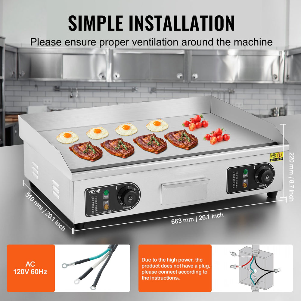 Vevor Flat Top Griddle 25.9" x 15.7" 2800W Commercial Countertop Electric Grill 122-572°F Stainless Steel New