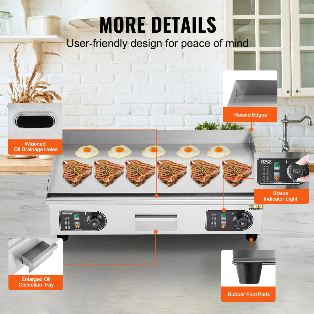 Vevor Flat Top Griddle 25.9" x 15.7" 2800W Commercial Countertop Electric Grill 122-572°F Stainless Steel New
