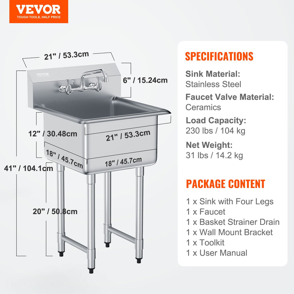 Vevor Stainless Steel Prep and Utility Sink 21"x41" Small Free Standing Single Bowl with Faucet NSF Certified New