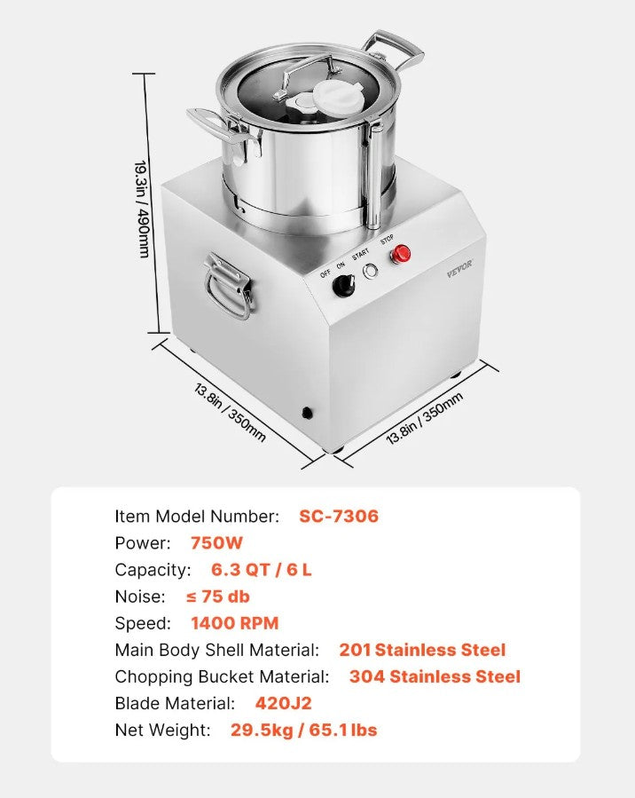 Vevor Commercial Food Processor and Vegetable Chopper 6.3 Qt 750W Stainless Steel New