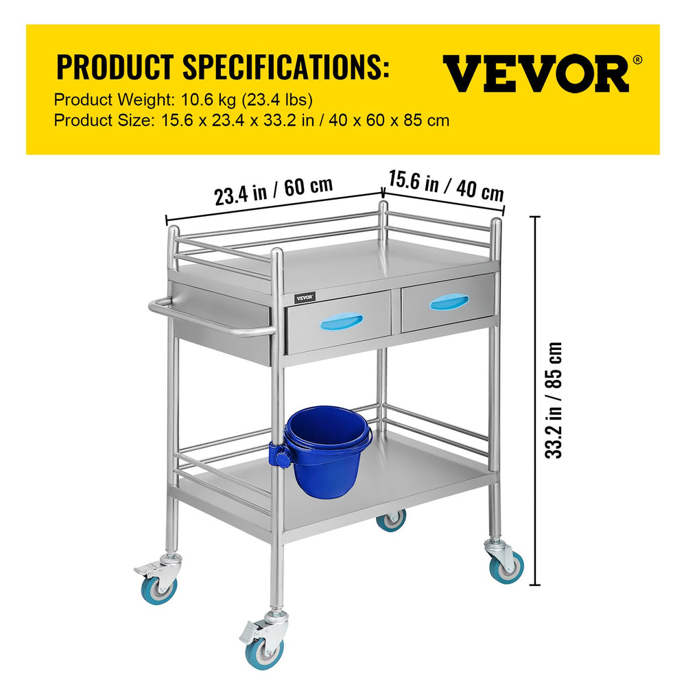 Vevor Lab Cart 23.4" x 15.6" Stainless Steel Medical Utility Cart 220 Lbs Capacity with 2 Drawers New