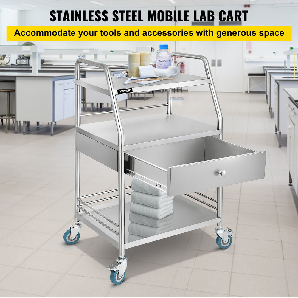 Vevor Lab Utility Cart with Wheels 3 Shelves 1 Drawer Stainless Steel New