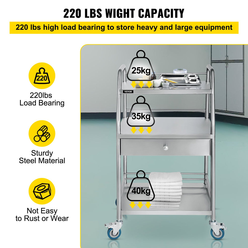 Vevor Lab Utility Cart with Wheels 3 Shelves 1 Drawer Stainless Steel New