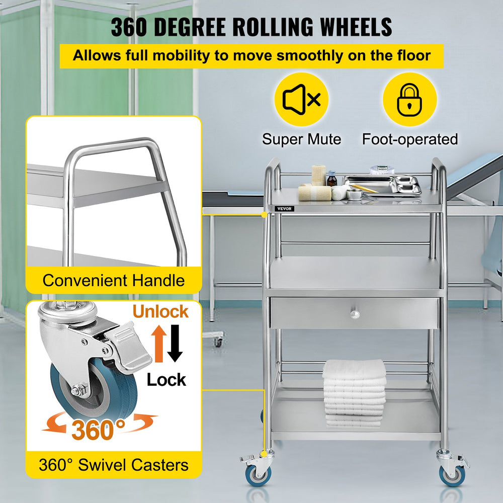 Vevor Lab Utility Cart with Wheels 3 Shelves 1 Drawer Stainless Steel New