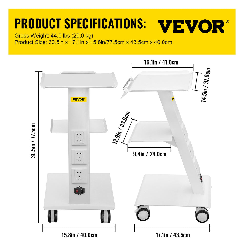 Vevor Lab Cart with Built-In Socket 3-Layer Steel Frame Rolling Trolley 88 Lbs Capacity 360° Swivel Casters New