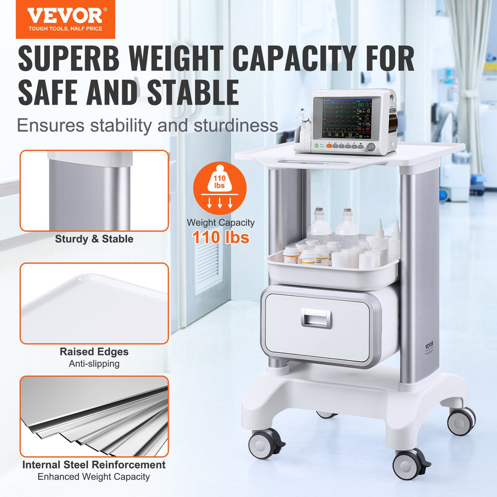 Vevor Lab Cart 2-Tier Mobile Medical Cart 110 Lbs Capacity with 1 Drawer and Large Top Tray White New