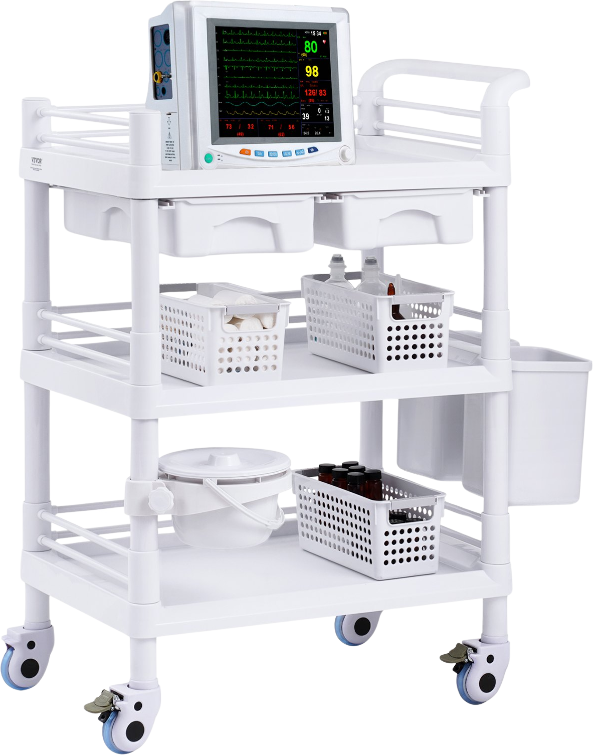 Vevor Lab Cart 3-Tier Mobile Medical Cart 110 Lbs Capacity with 3 Trays and Dual Drawers White New