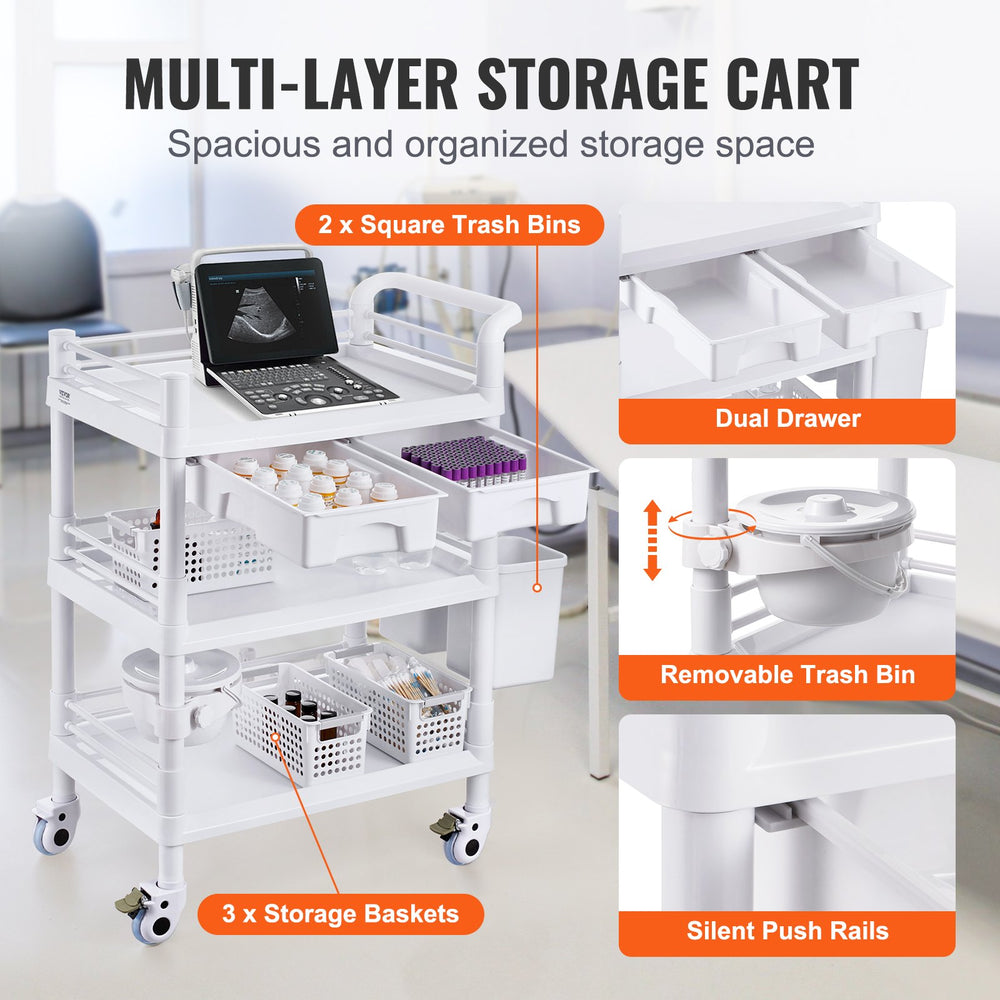 Vevor Lab Cart 3-Tier Mobile Medical Cart 110 Lbs Capacity with 3 Trays and Dual Drawers White New