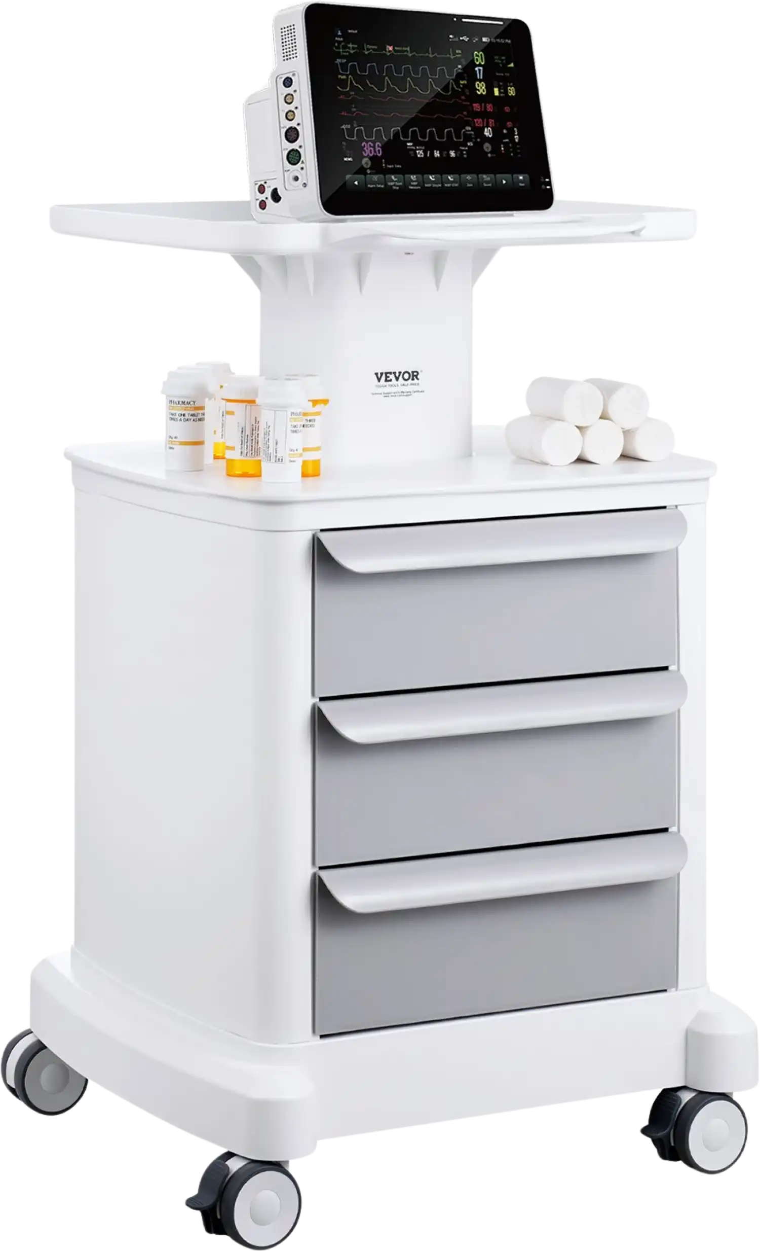 Vevor Lab Cart 4-Tier Mobile Medical Cart 110 Lbs Capacity with 3 Drawers and Large Top Tray White New