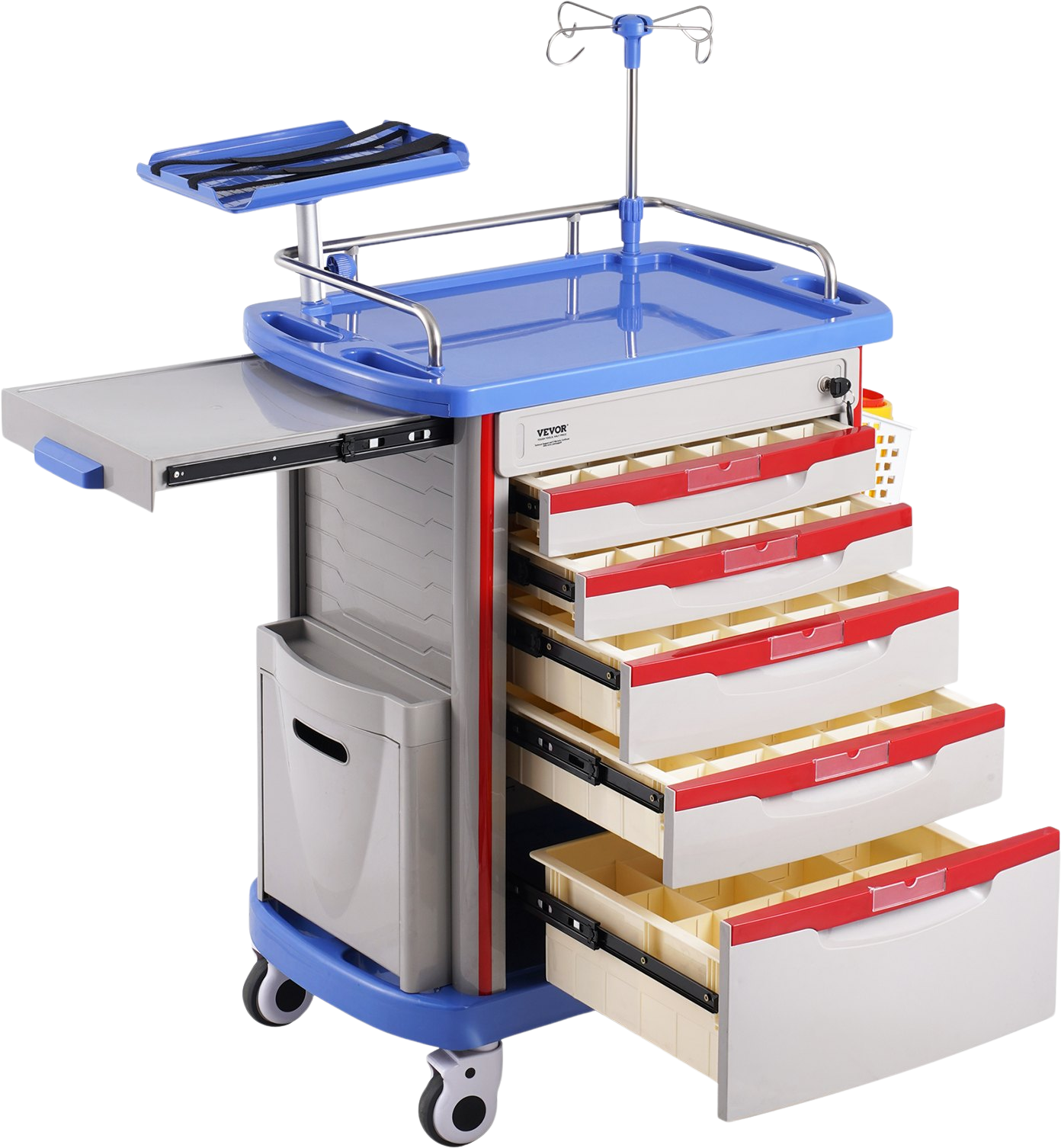 Vevor Lab Cart 5-Tier Mobile Medical Cart 400 Lbs Capacity with 5 Lockable Drawers and Large Top Tray Blue New