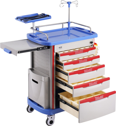 Vevor Lab Cart 5-Tier Mobile Medical Cart 400 Lbs Capacity with 5 Lockable Drawers and Large Top Tray Blue New