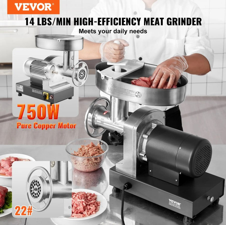 Vevor Commercial Electric Meat Grinder 750W 14 Lbs/Min Sausage Stuffer Size #22 New