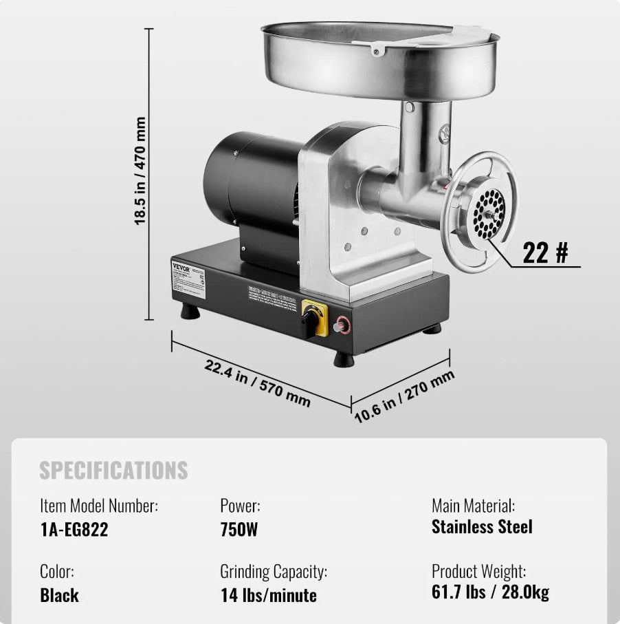 Vevor Commercial Electric Meat Grinder 750W 14 Lbs/Min Sausage Stuffer Size #22 New