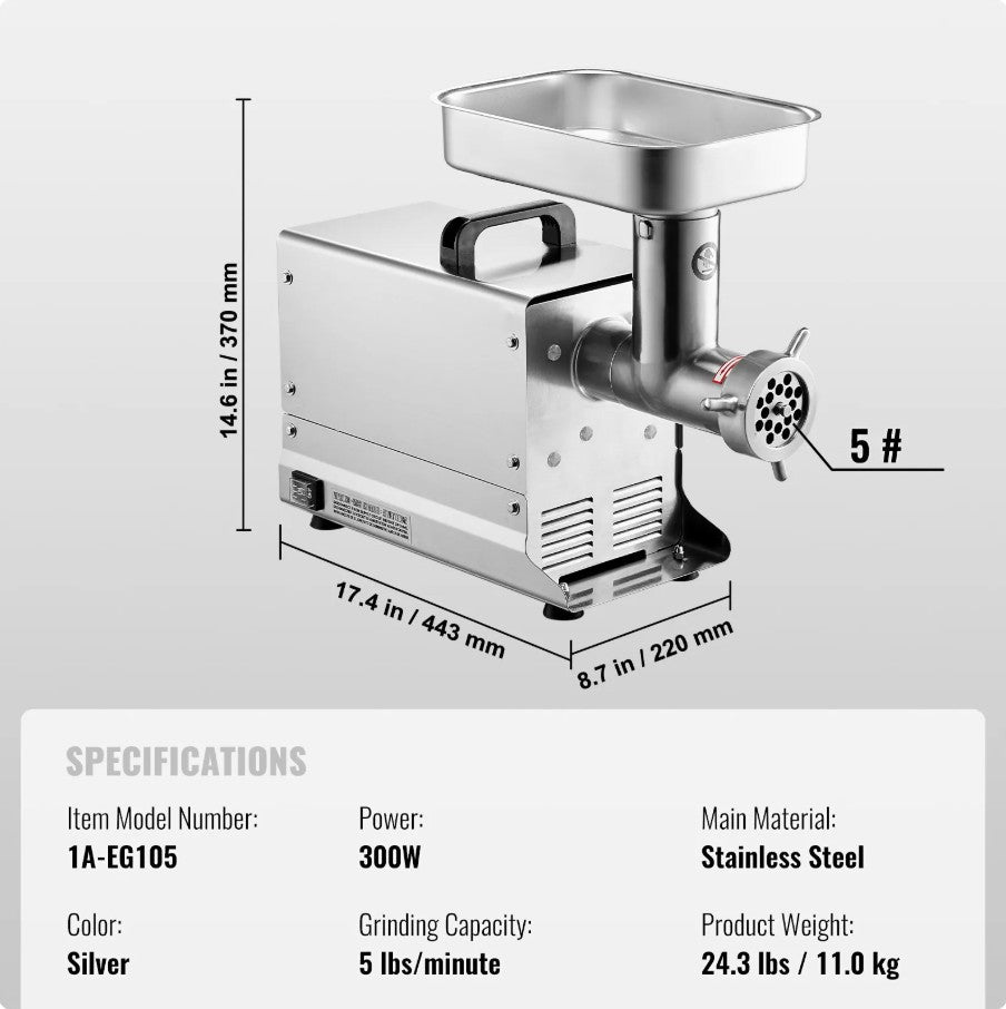 Vevor Commercial Electric Meat Grinder 5 Lbs/Min 300W Stainless Steel Sausage Stuffer New