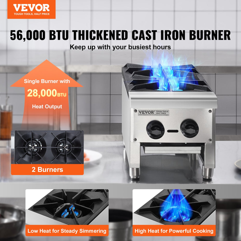 Vevor Commercial Gas Range Stove 56000 BTU 2-Burner Countertop Stainless Steel New