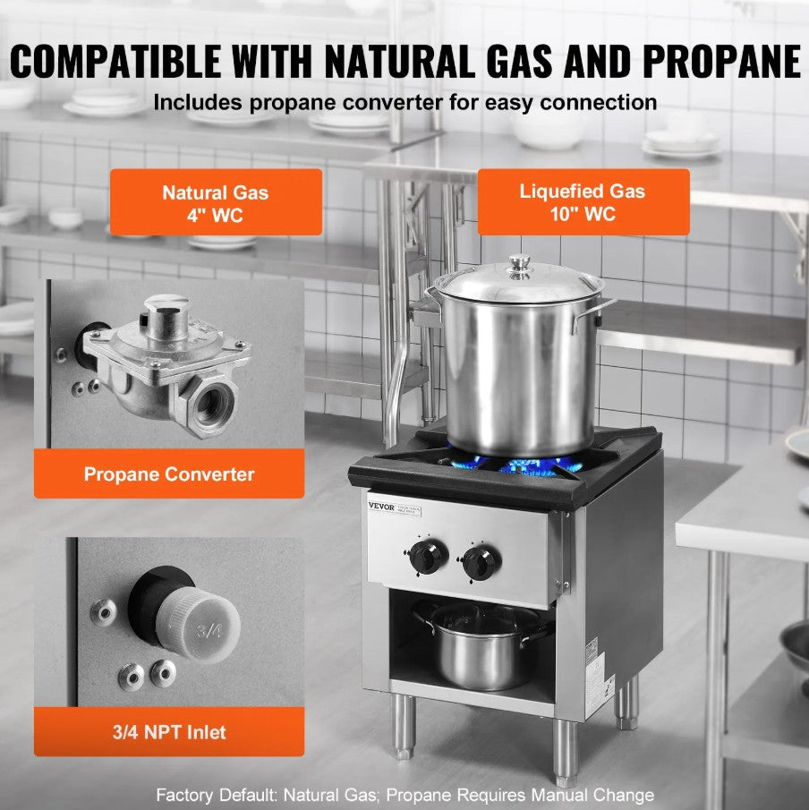 Vevor Commercial Gas Range 1-Burner 90,000 BTU Natural Gas and Propane New
