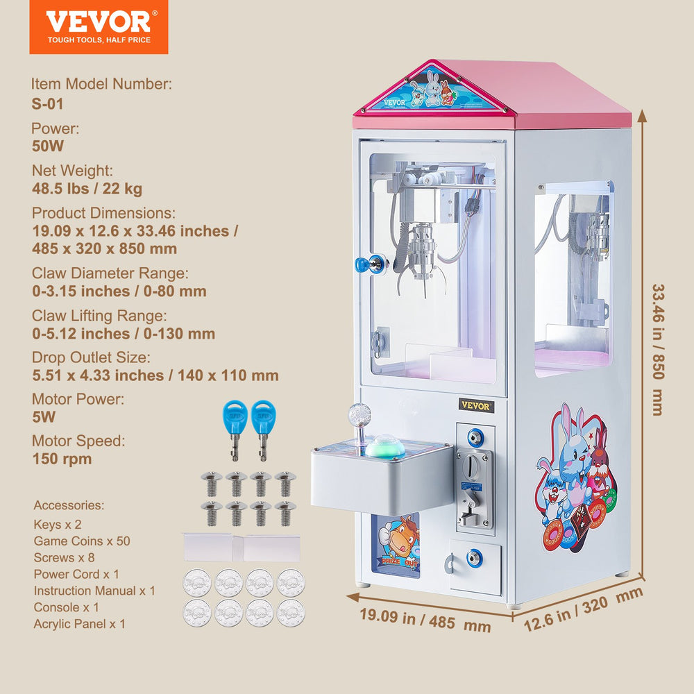 Vevor Mini Claw Crane Machine 0-3.15" Jaw Diameter 0-5.12" Lift Range Multi-Coin Support 50W New