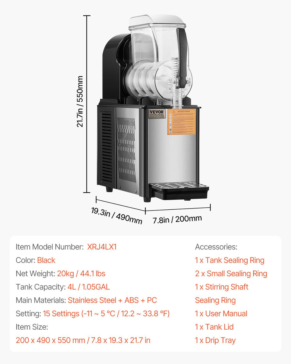 Vevor Commercial Slushy Machine 1.05 Gal Single Tank with Digital Controls and Auto Cleaning New