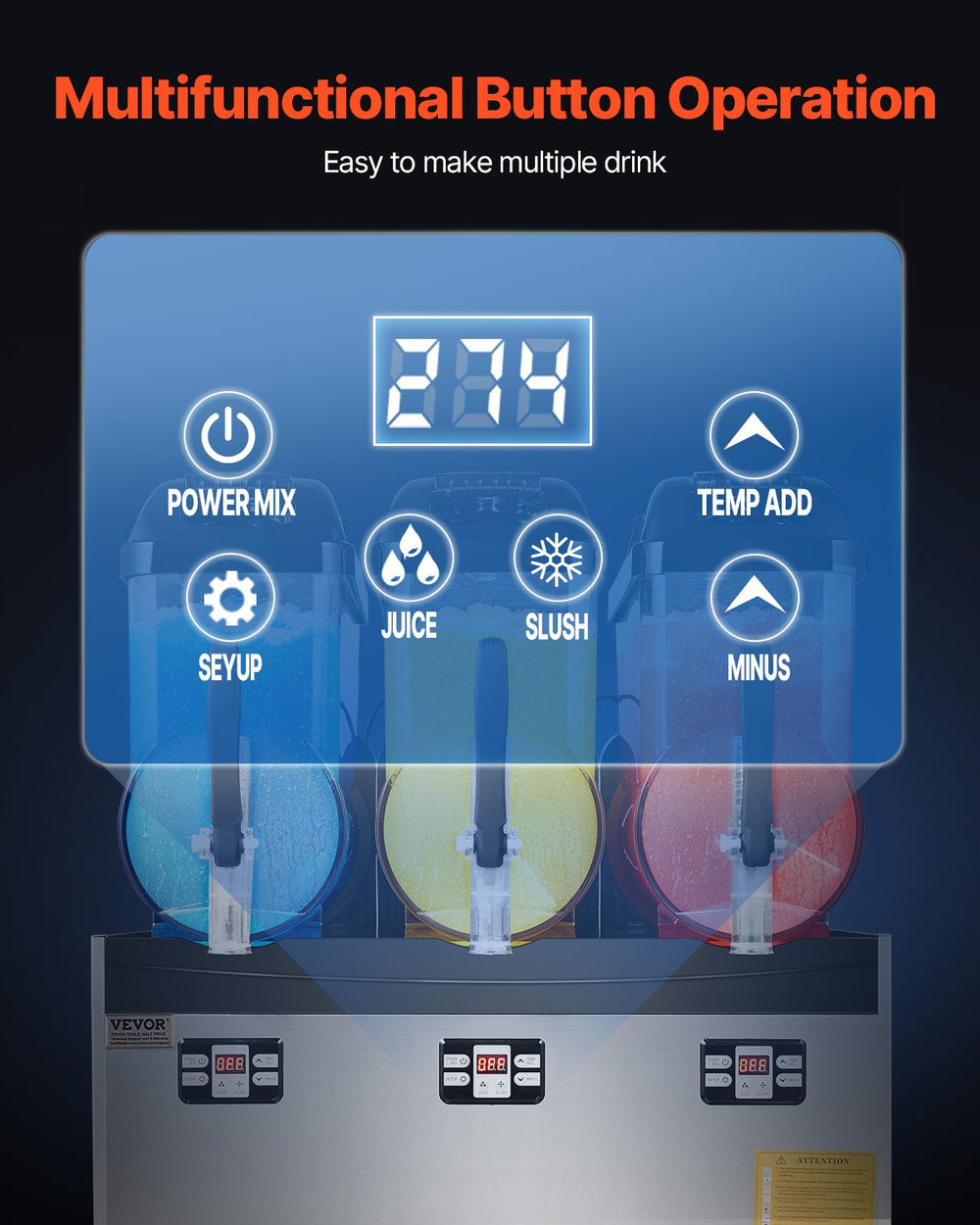 Vevor Commercial Slushy Machine 3 Tank 3.17 Gal Each with Digital Controls and Auto Cleaning New