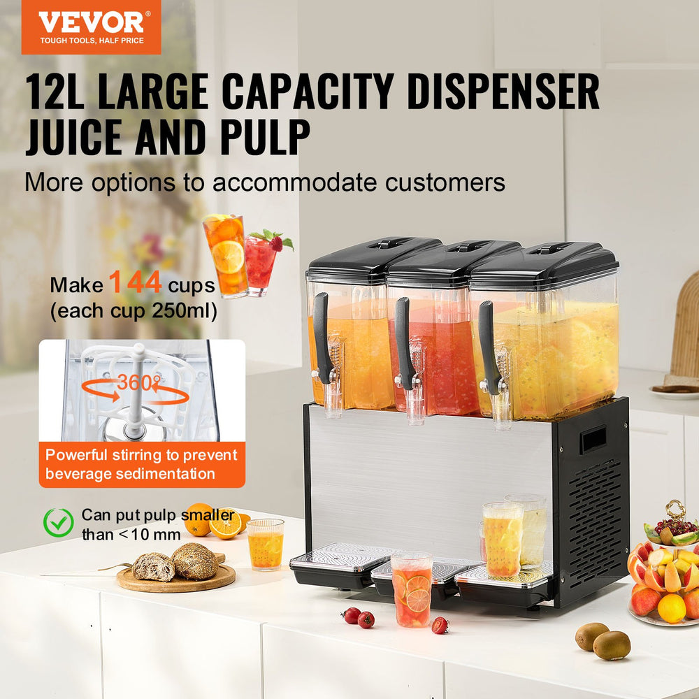 Vevor Commercial Cold Beverage Dispenser 3.2 Gal x 3 Tanks 370W Stainless Steel New