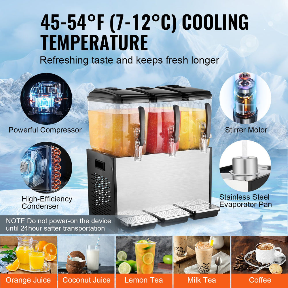 Vevor Commercial Cold Beverage Dispenser 3.2 Gal x 3 Tanks 370W Stainless Steel New