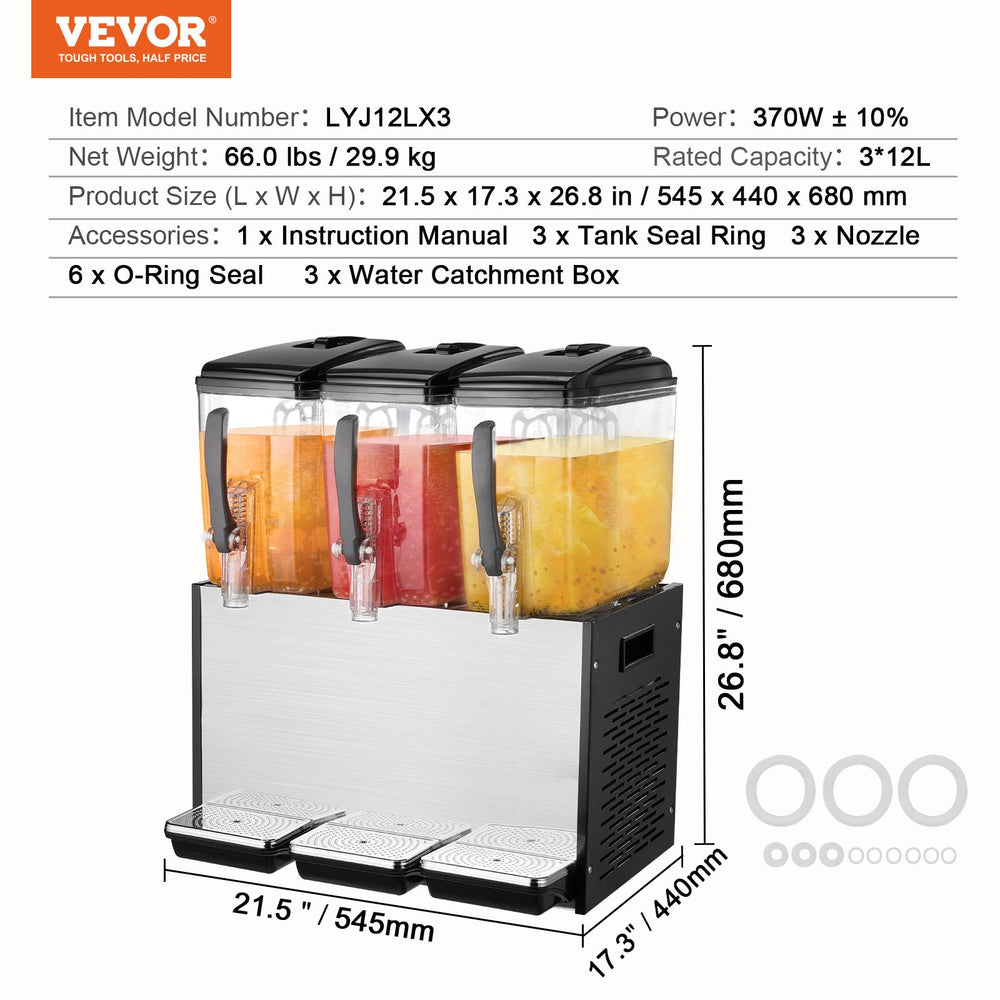 Vevor Commercial Cold Beverage Dispenser 3.2 Gal x 3 Tanks 370W Stainless Steel New