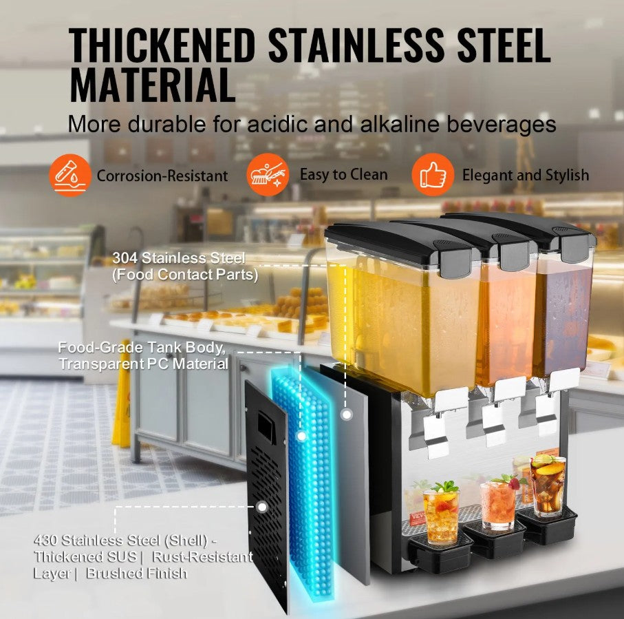 Vevor Commercial Beverage Dispenser 2.6 Gal x 3 Tanks 440W Stainless Steel New