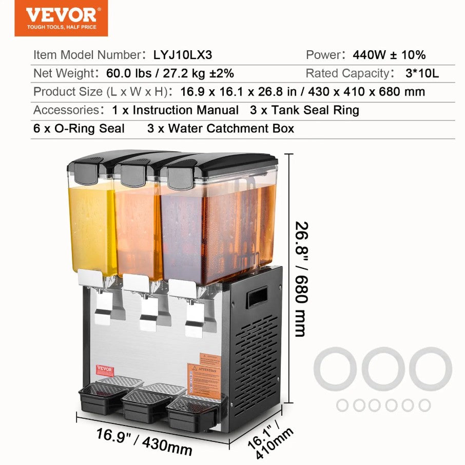 Vevor Commercial Beverage Dispenser 2.6 Gal x 3 Tanks 440W Stainless Steel New