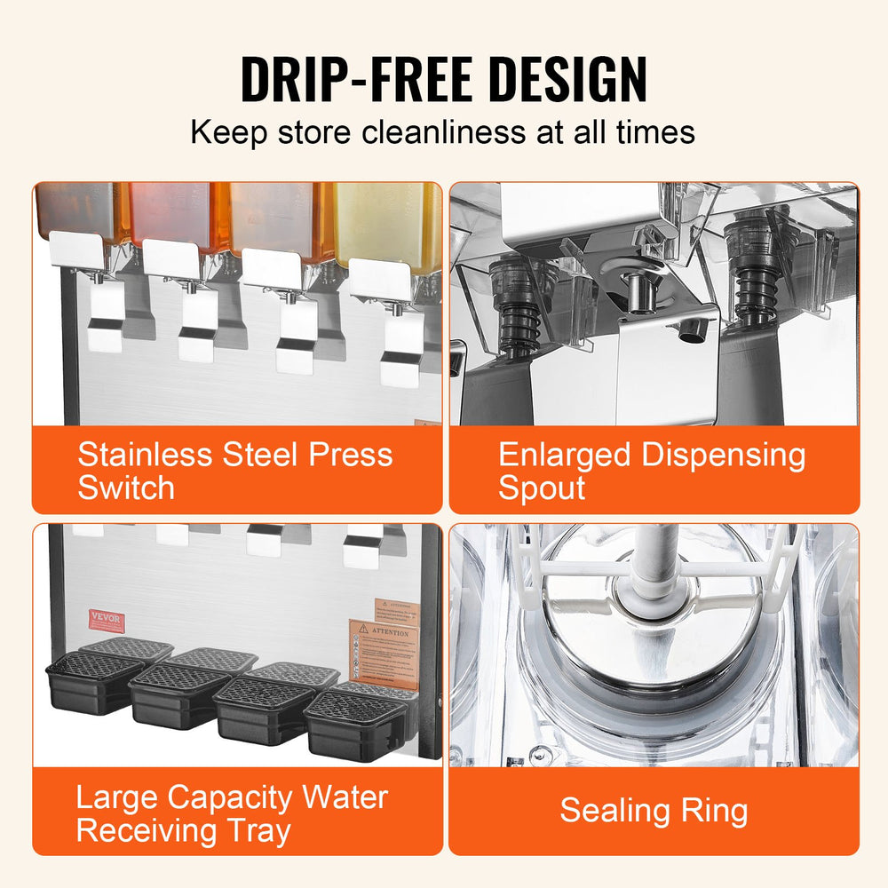 Vevor Commercial Cold Beverage Dispenser 2.6 Gal x 4 Tanks 430W Stainless Steel New