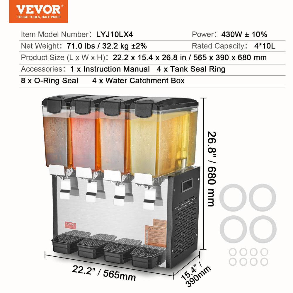 Vevor Commercial Cold Beverage Dispenser 2.6 Gal x 4 Tanks 430W Stainless Steel New