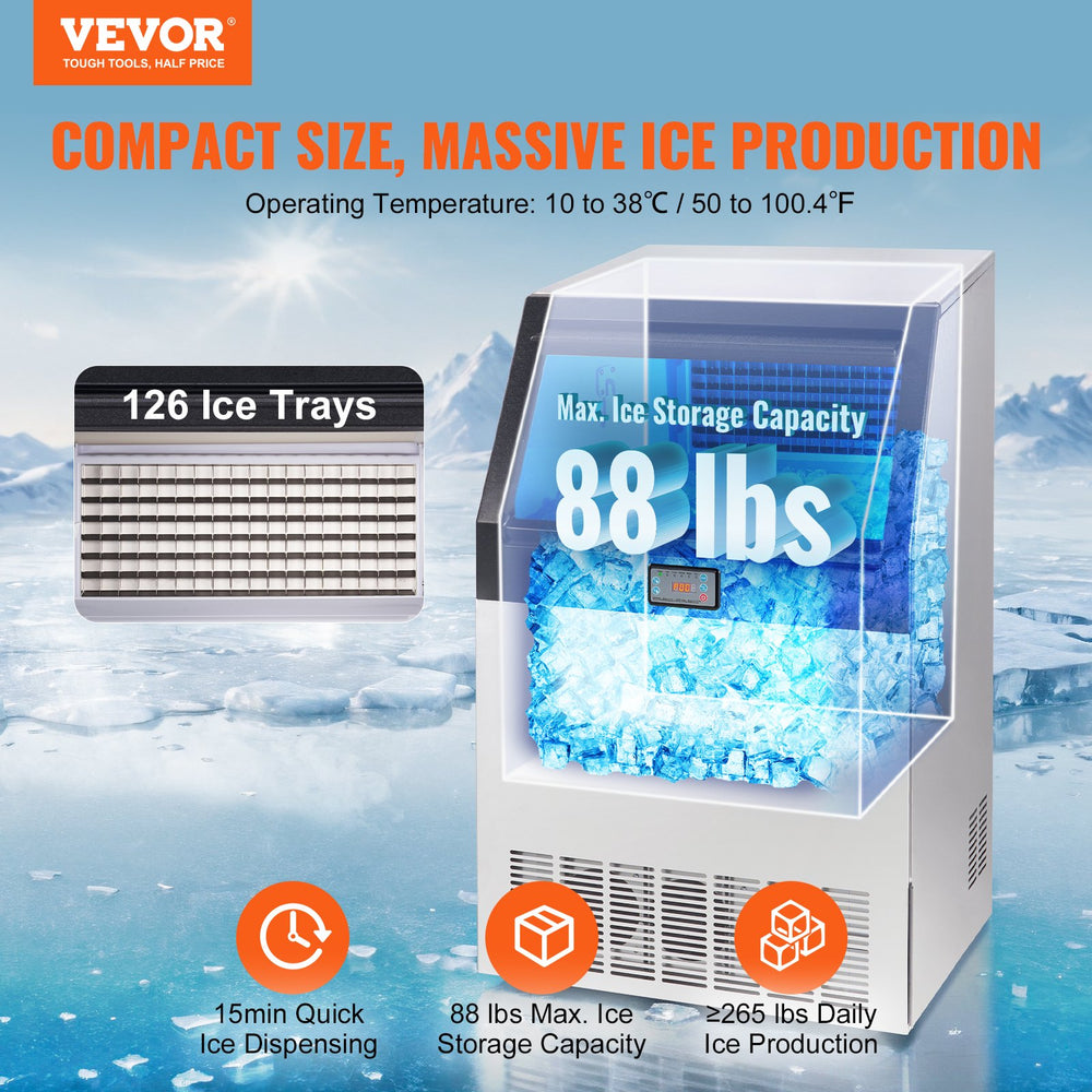 Vevor Commercial Ice Maker 265lbs/24H with 88lbs Storage Electric or Gravity Drainage Freestanding Auto Cleaning New