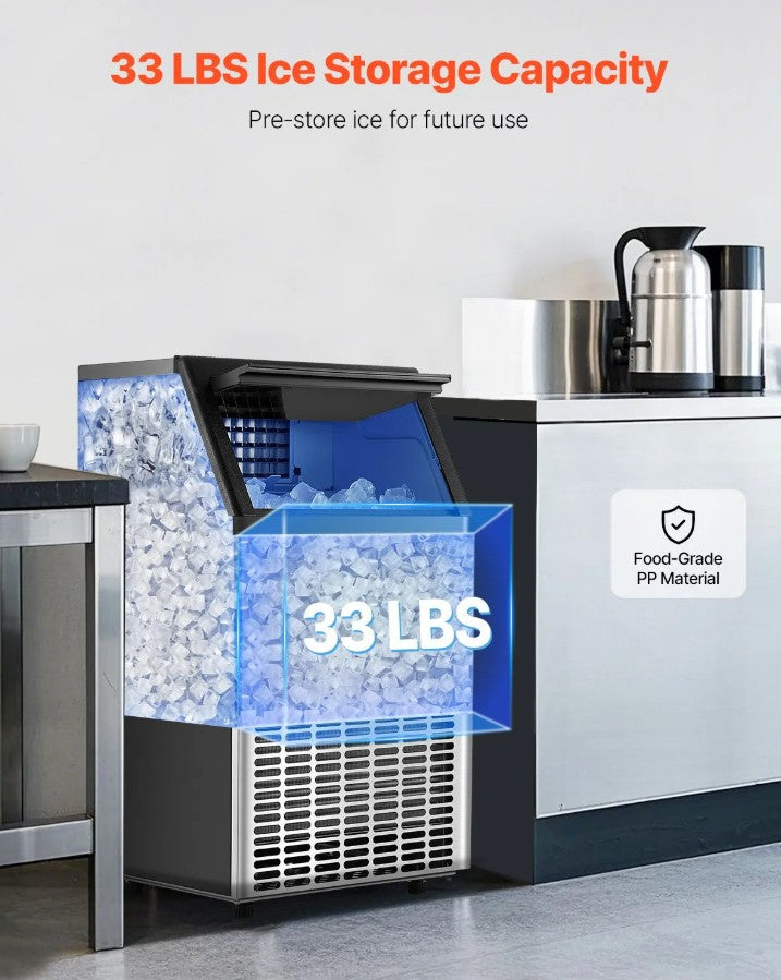 Vevor Commercial Ice Maker 100 Lb/24H Freestanding with 45-Cube Tray and 33 Lb Storage New