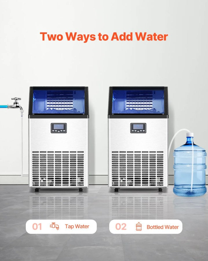 Vevor Commercial Ice Maker 100 Lb/24H Freestanding with 45-Cube Tray and 33 Lb Storage New