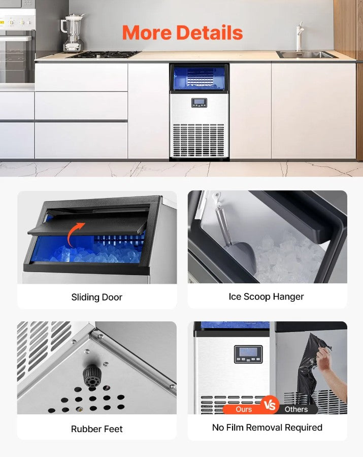 Vevor Commercial Ice Maker 100 Lb/24H Freestanding with 45-Cube Tray and 33 Lb Storage New