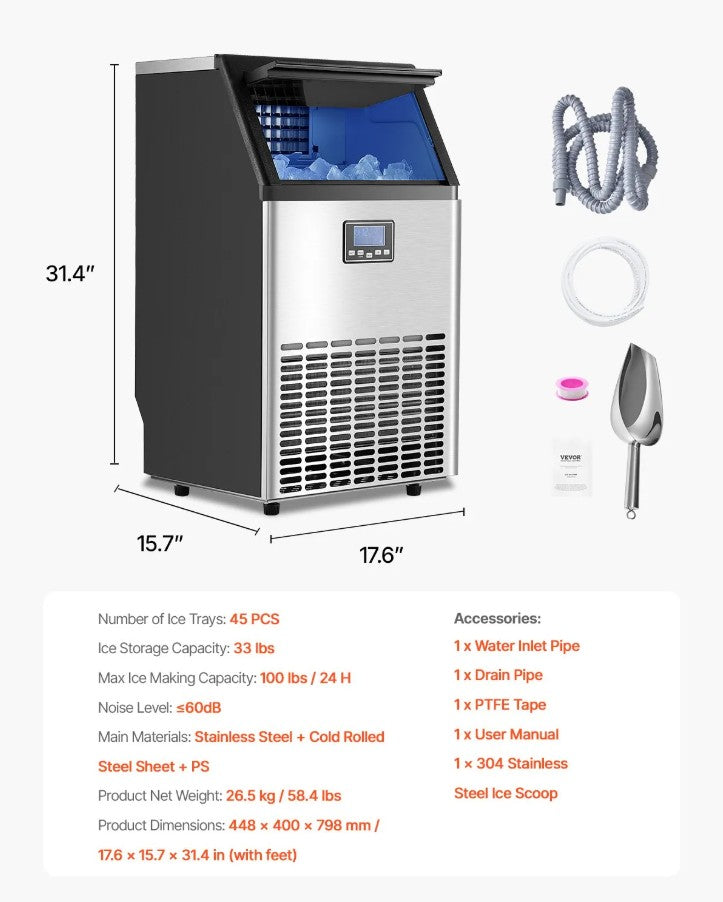 Vevor Commercial Ice Maker 100 Lb/24H Freestanding with 45-Cube Tray and 33 Lb Storage New