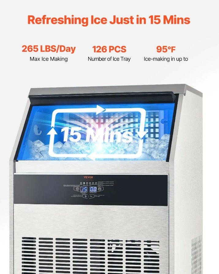 Vevor Commercial Ice Maker 265 Lbs/24H Freestanding Cabinet 88 Lbs Storage New